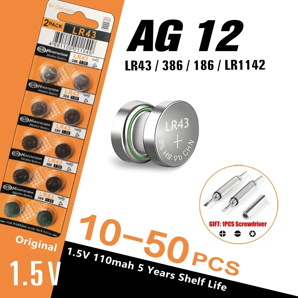 10-50 قطعة 1.55 فولت AG12 LR43 100 مللي أمبير خلية زر الليثيوم SR43 386 LR1142 V12GA AG 12 SR43W SR1142 عملة خلية ساعة اللعب بطارية عن بعد