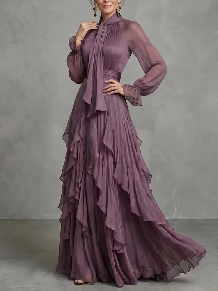 Elegant Ruffle Chiffon Maxi Dress Women Bow Tie High Collar Lantern Sleeve High Waist Gown Wedding Guest Evening Party Dresses