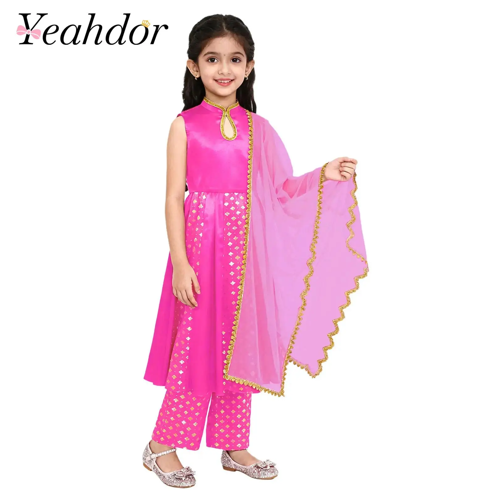 Kids Kids Girls Indian Traditional Ethnic Outfit Salwar Suit Sleeveless Dress with Pants Tulle Scarf Oriental Belly Dance Clothing - Aliexpress Deal