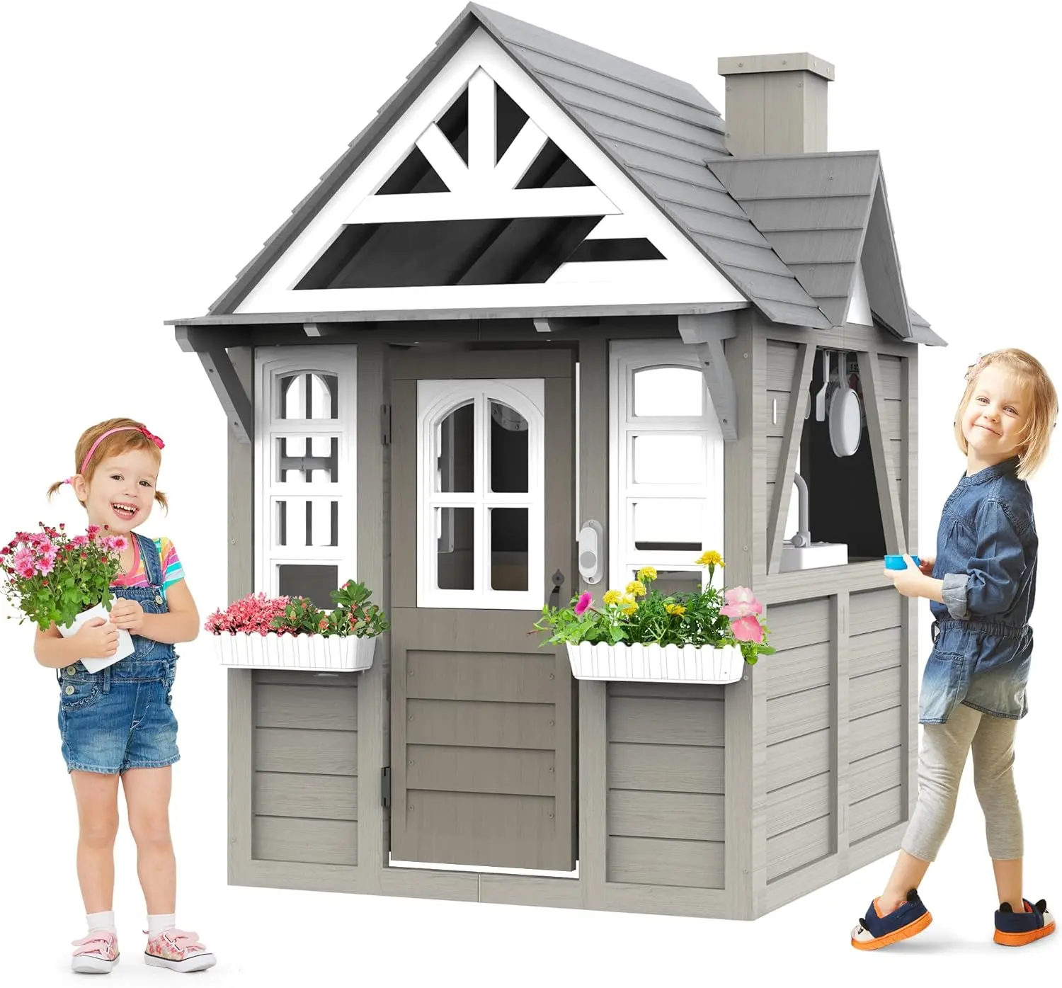 

Outdoor Kids Playhouse, All Fir Gray Modern Wooden Playhouse, Indoor and Outdoor Cottage Play House with Sink, Stove, Cookware,