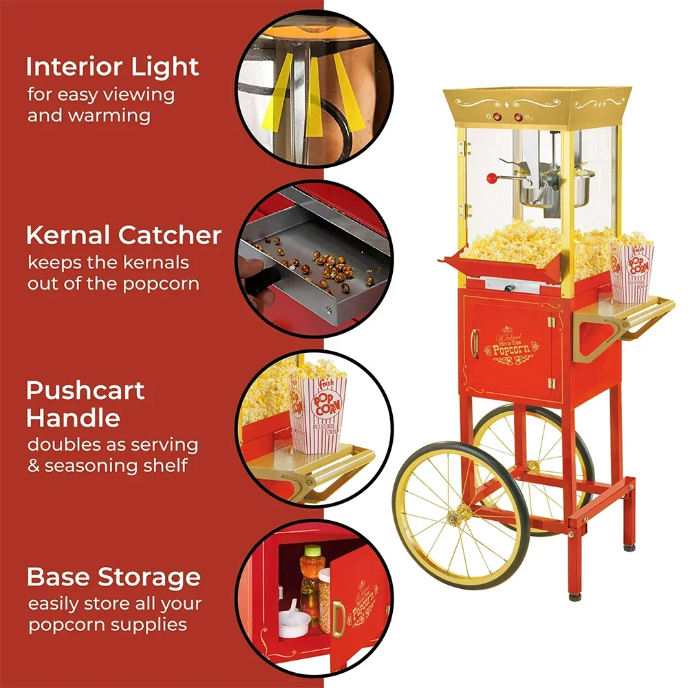 Commercial Popcorn Making Machine With Cart Wheels & 8 Ounce Kettle For Hotel Home Movie Theater For Sale Snacks Popcorn Maker