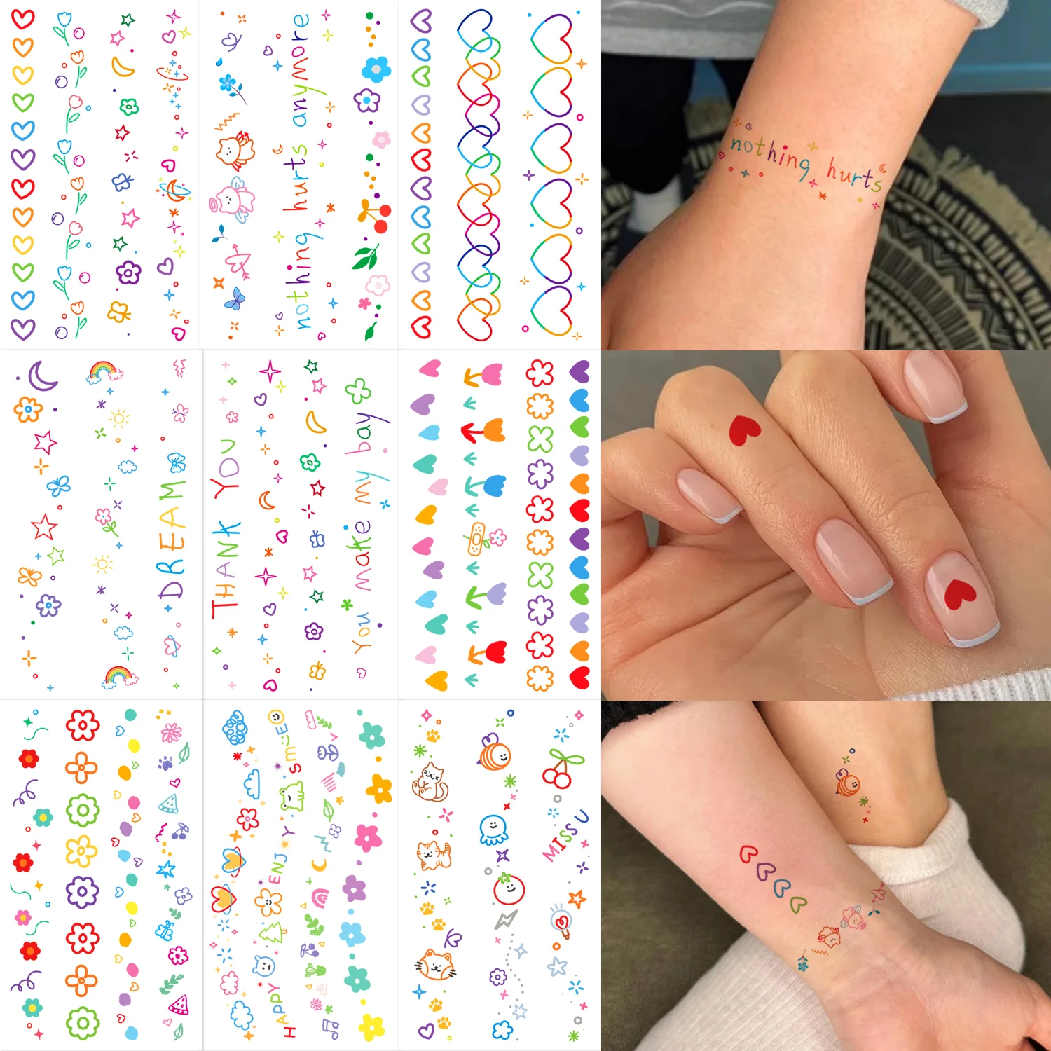 10 Sheets Temporary Tattoo Stickers -Waterproof & Easy Removal Summer Dopamine Color Palette, Party Accessories, Playful Motifs