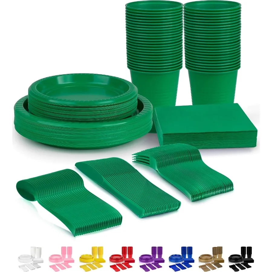 

350 Piece Green Disposable Dinnerware Set for Outdoor Picnics and Garden Parties: Includes 50 Each of 9 Dinner Plates 7 Dessert