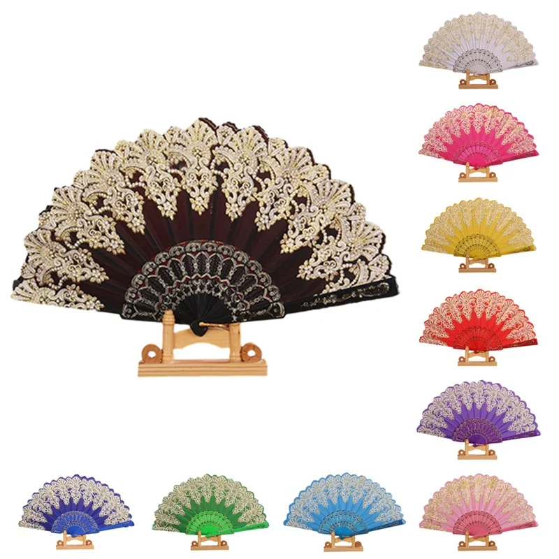 Rose Flower Lace Fans Chinese Style Dance Wedding Party Bridal Hand Fan Gypsy Style Folding Fan Decoration