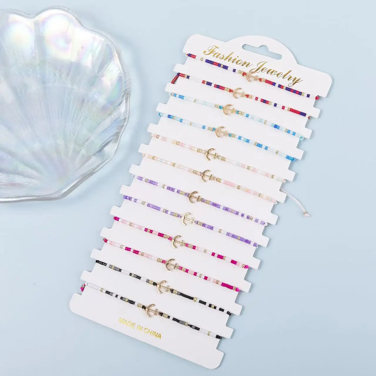 12 unid/set de cuentas de mijo multicolor, ancla dorada, pulsera tejida con cuentas hecha a mano, pulsera ajustable de moda para mujer