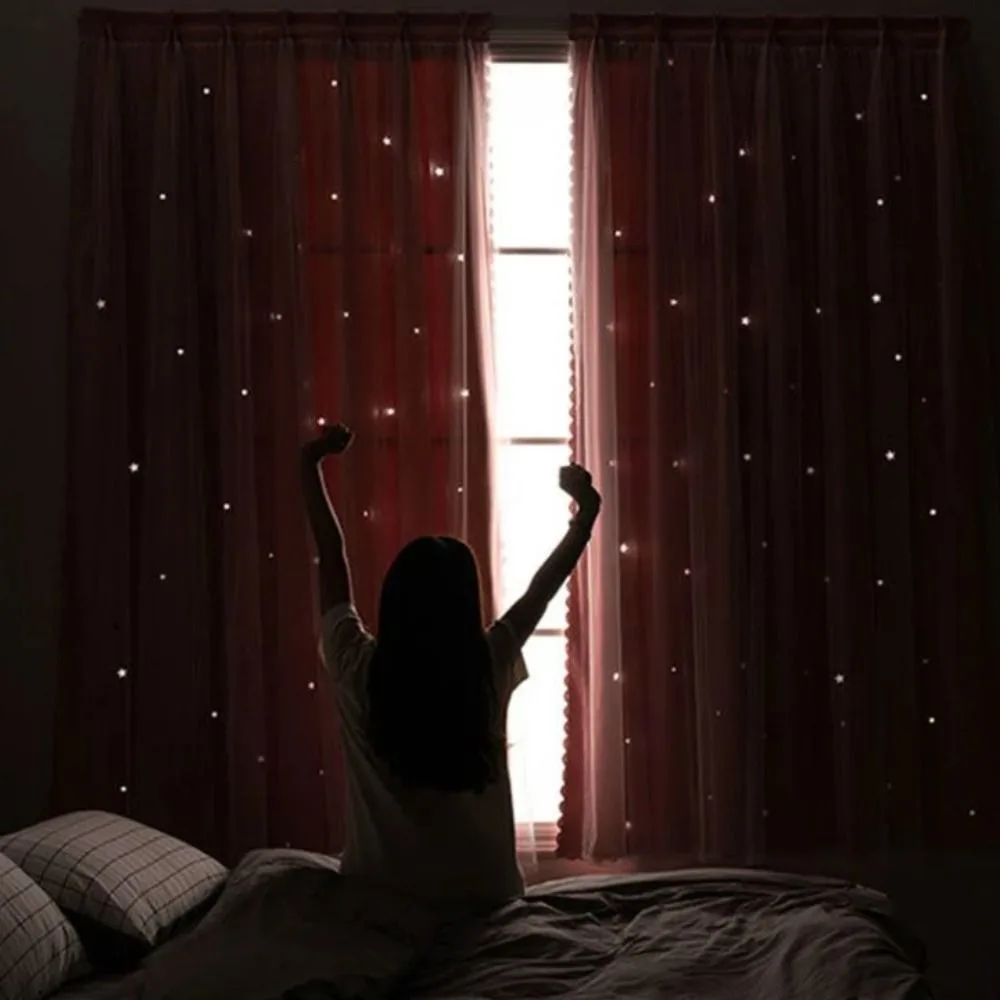 

1 Pc Non-perforated Hollow Star Curtain Double Layer Washable Bedrroom Curtain Detachable Self-Adhesive Windows Drapes Dormitory