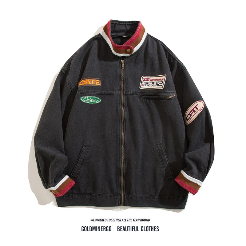 

Ретро-джинсовая куртка в американском стиле, куртка для мотоциклистов, гоночный костюм, винтажная куртка с лоскутным узором, воротник-стойка, длинные рукава, джинсовая куртка