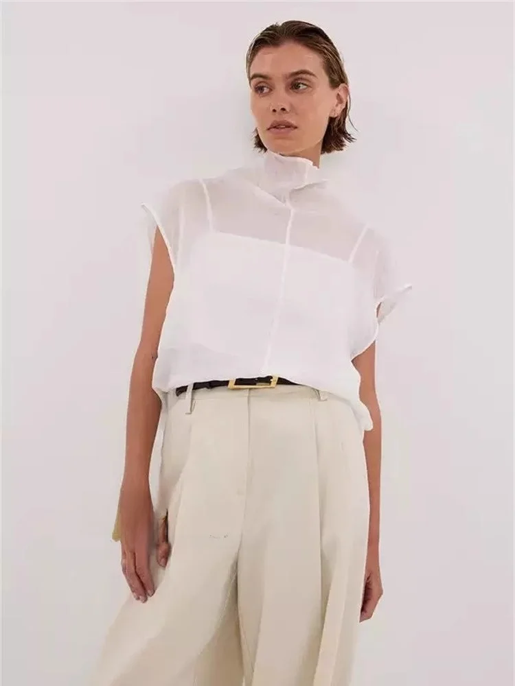 Susan Faion High Ne ort Sve Lin transparent irt Sli Simple Polyvalent Couleur blanche Blo Commute Sle Femme...