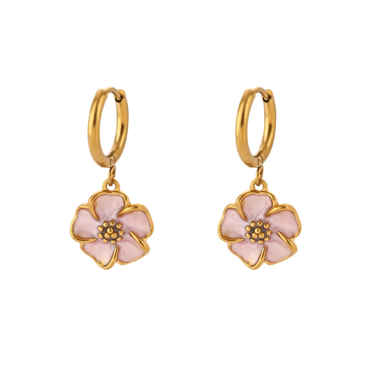 Süße rosa-weiße Emaille-Blumen-Ohrringe, goldfarbener Edelstahl, Blumen-Huggie-Creolen, baumelnde Ohrringe, Damen-Party-Geschenk – Detail 2