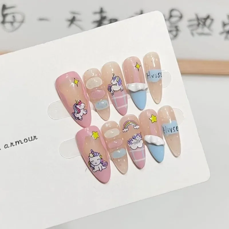 【Unicorn=zomerdopamine 10 Stks/set Volledige Dekking Valse Nagels Drukken Op Nagels Nepnagels Doe-Het-Zelf Handgemaakte Verwijderbare Hosishop