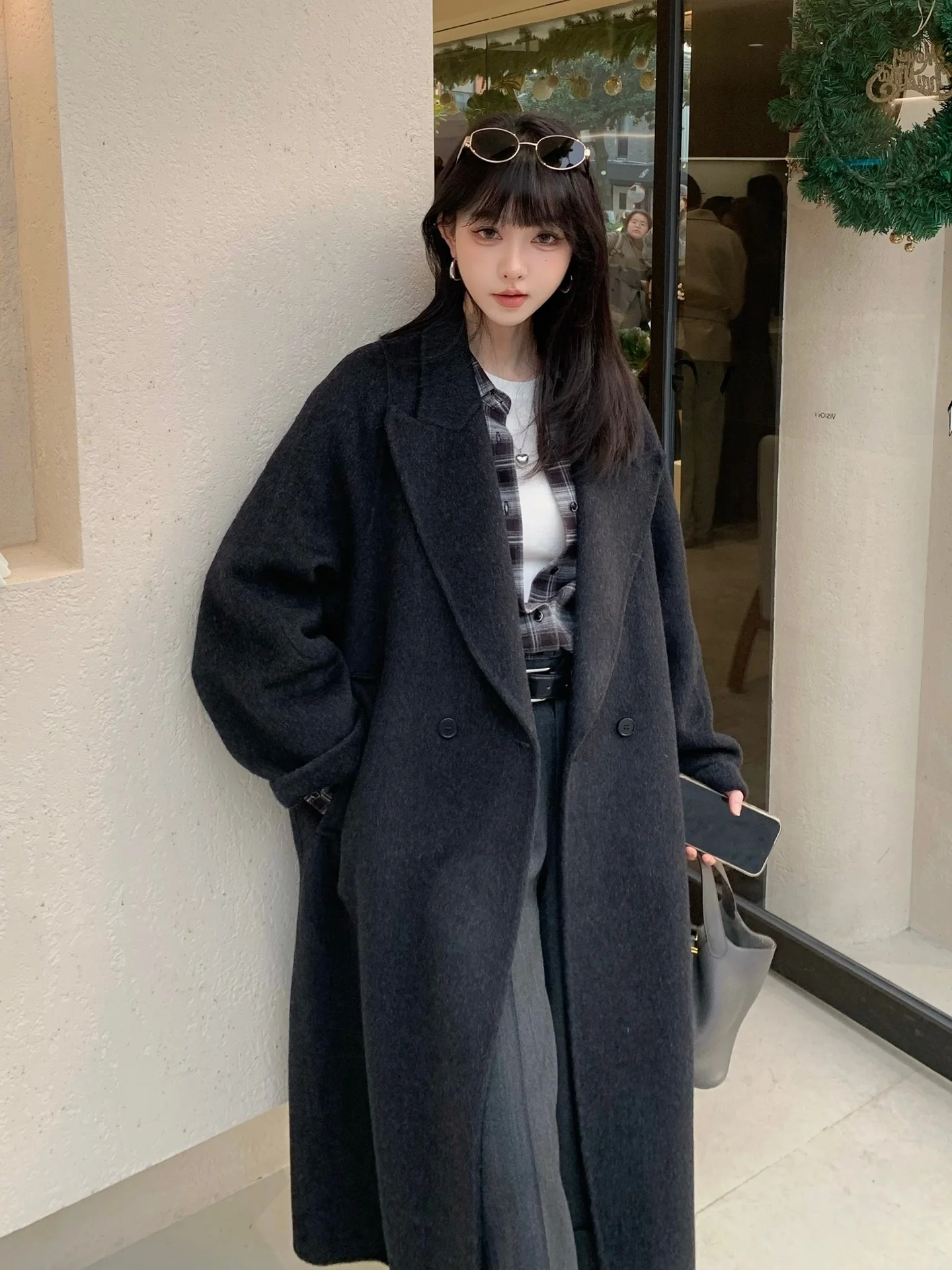 

Double-Faced Cashmere Long Coat Women's Korean Style Young Fashionable Loose Fit Black Outerwear for Autumn Winter
