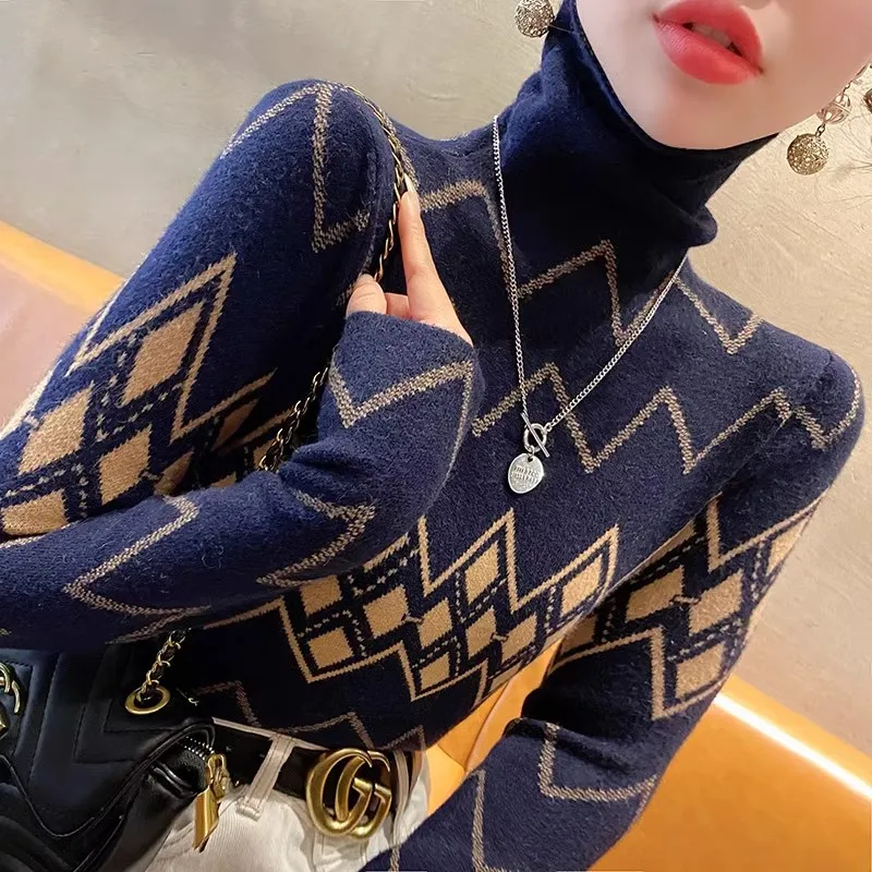Suéteres de Jacquard Vintage para mujer, Tops de punto elegantes delgados, elásticos e informales, jersey básico Simple que combina con todo, Moda