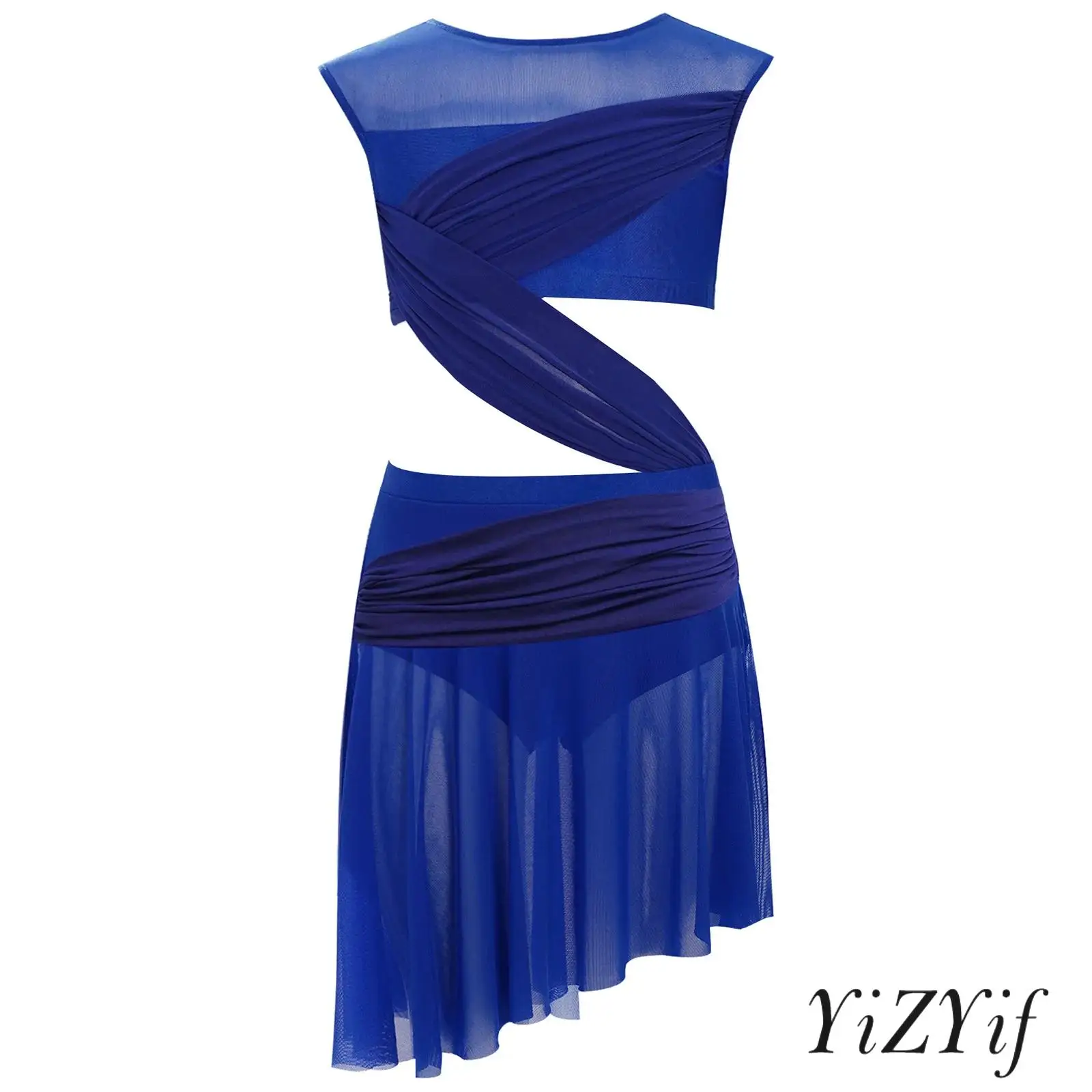 

Kids Girls Lyrical Ballet Dance Dresses Sleeveless Sheer Mesh Patchwork Asymmetrical Hem Dresses for Jazz Modern Ballroom Dance