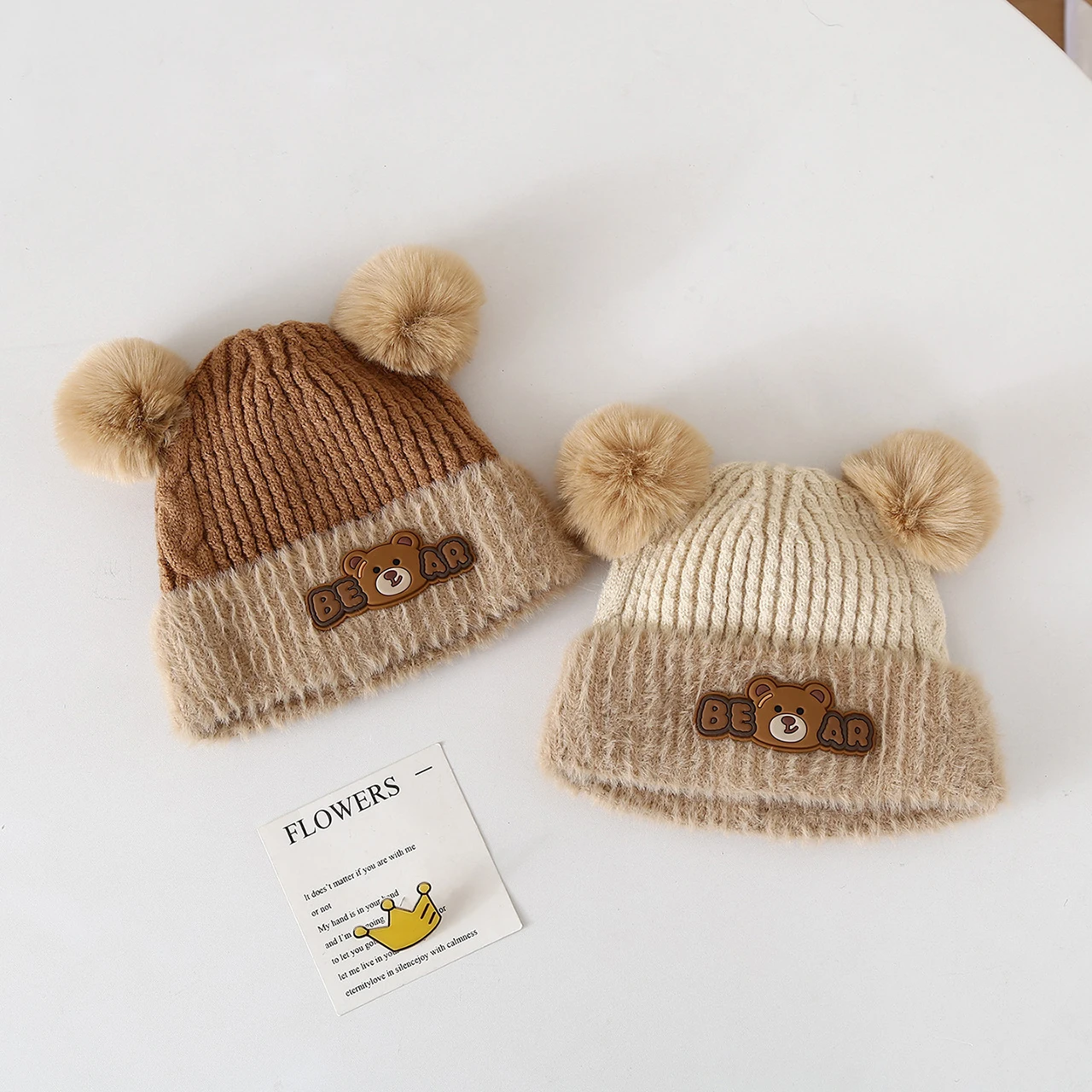 Knit Beanie Hat Warm - Cute Bear Plush Ear Protection Cap