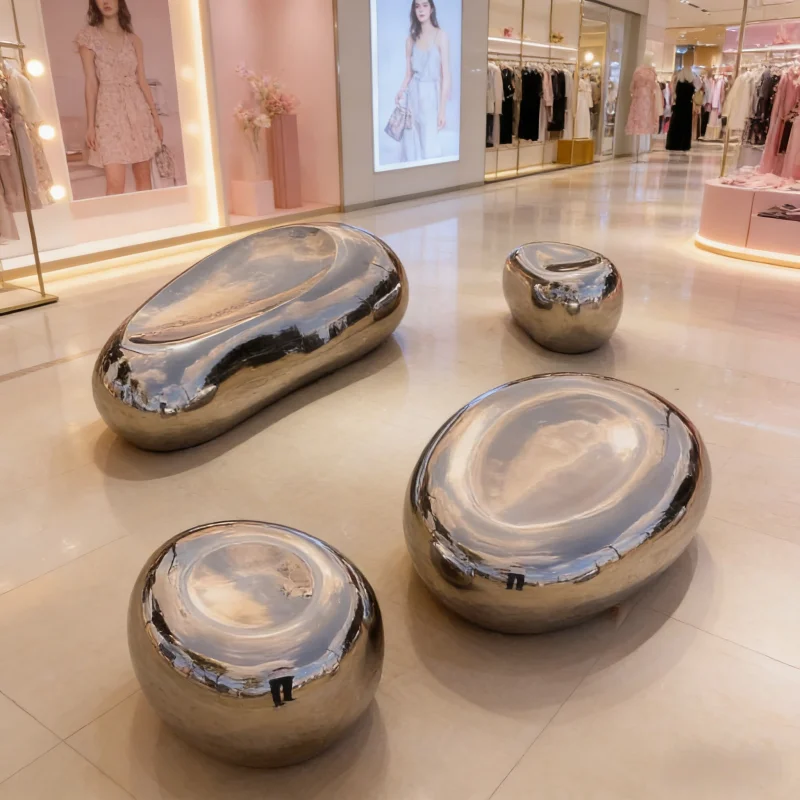 

Artistic Mirror Stainless Steel Stone-Look Bench Handcrafted Metal Art Seating Sculpture for Home, Courtyard, and Public Areas