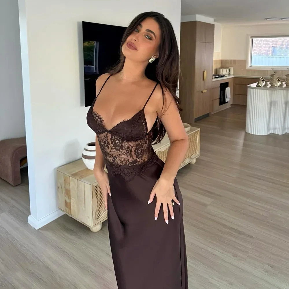 

Sleeveless Lace Patchwork Sling Dress Women Backless Off Shoulder See Through V-neck Slim Maxi Vestidos 2026 Lady Vacation Robe