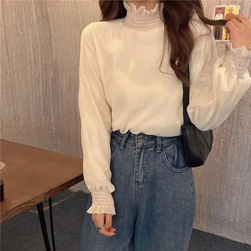 Korean Lace Patchwork Loose Pleated T Shirts Spring Autumn New Long Sleeve Solid Color Elegant Tops Fashion Sweet Women Clothing