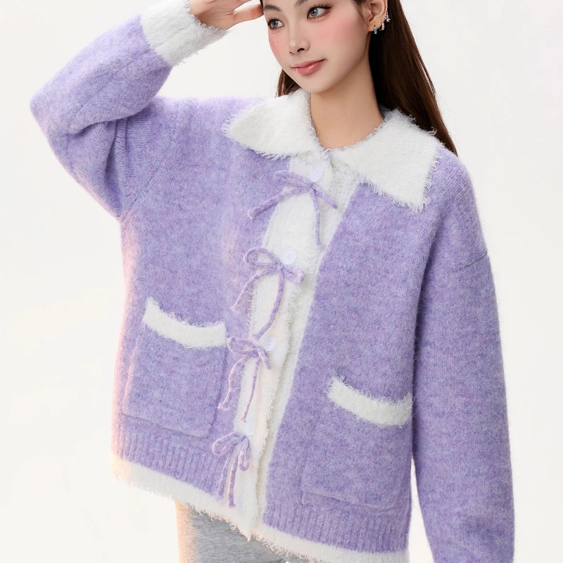 الأمريكية الرجعية بدوره إلى أسفل طوق محبوك المرأة سترة الخريف الشتاء تصميم جديد كلية الدافئة الحد من العمر سترة معطف السيدات #4