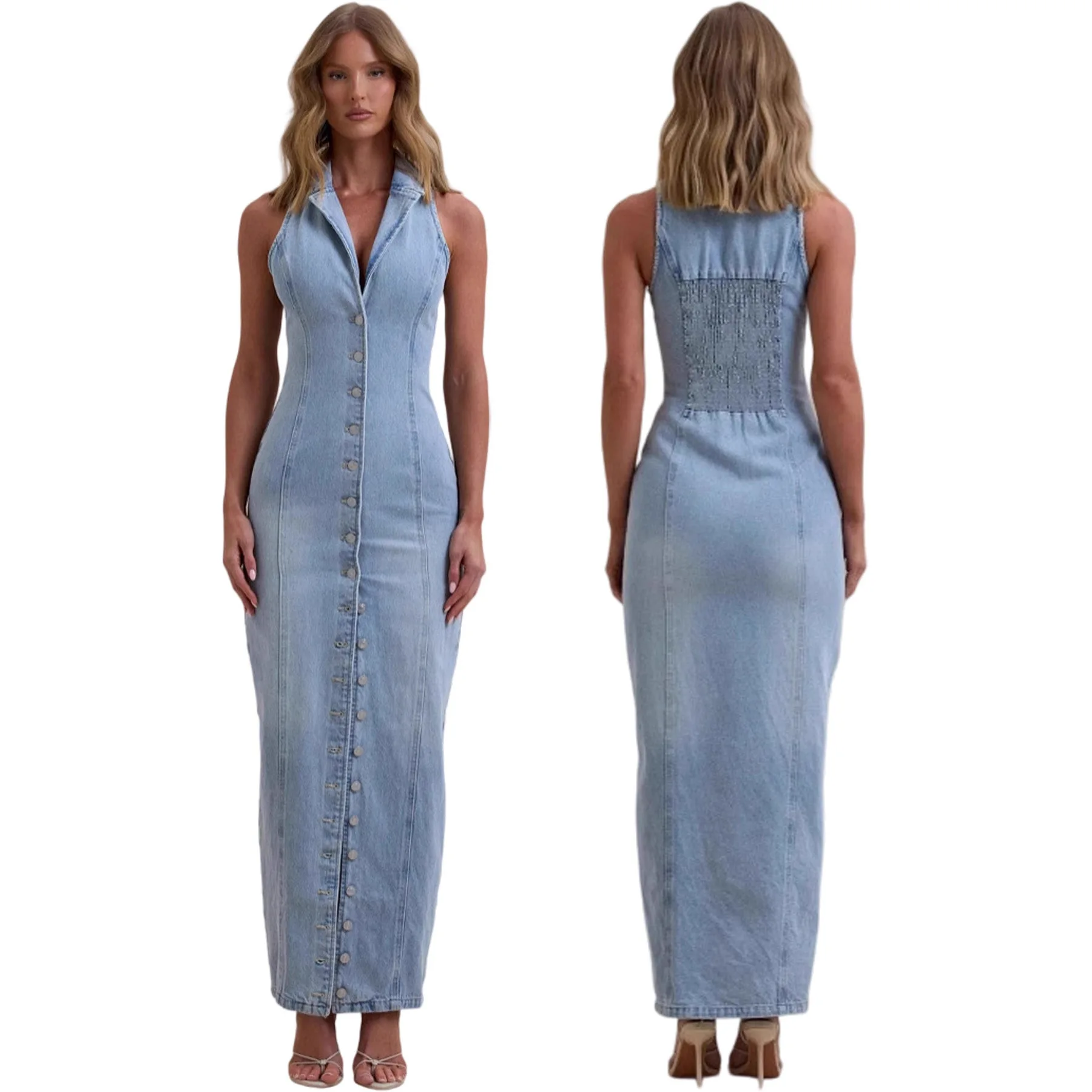 

Spring Summer Washed Denim Dress Back Tie Dye Dresses Women Casual Overall Jumpsuit Playsuit