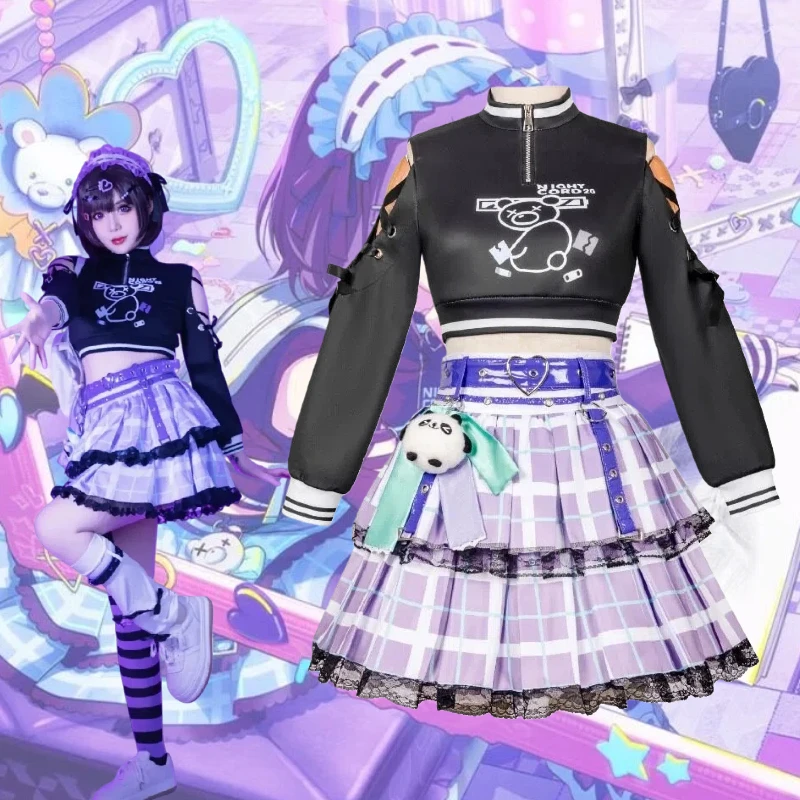 زي تنكري من Game Ena Shinonome بتصميم Y2K باللون الأسود وتنورة أرجوانية مع إكسسوارات مجموعة كاملة للحفلات النسائية