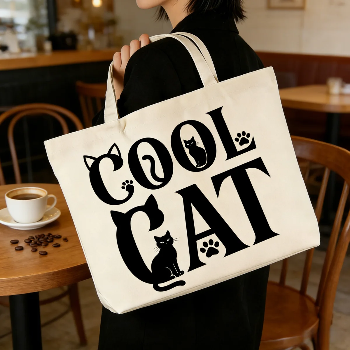 

1 шт. креативная холщовая сумка с рисунком черного кота, модная покупка, ручная сумка большой вместимости, холщовая сумка на одно плечо