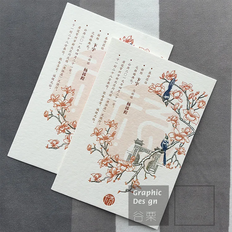 

Cotton Paper Letterpress High Grade Chinese Style Foil Wedding Invitations Customized Design Thick