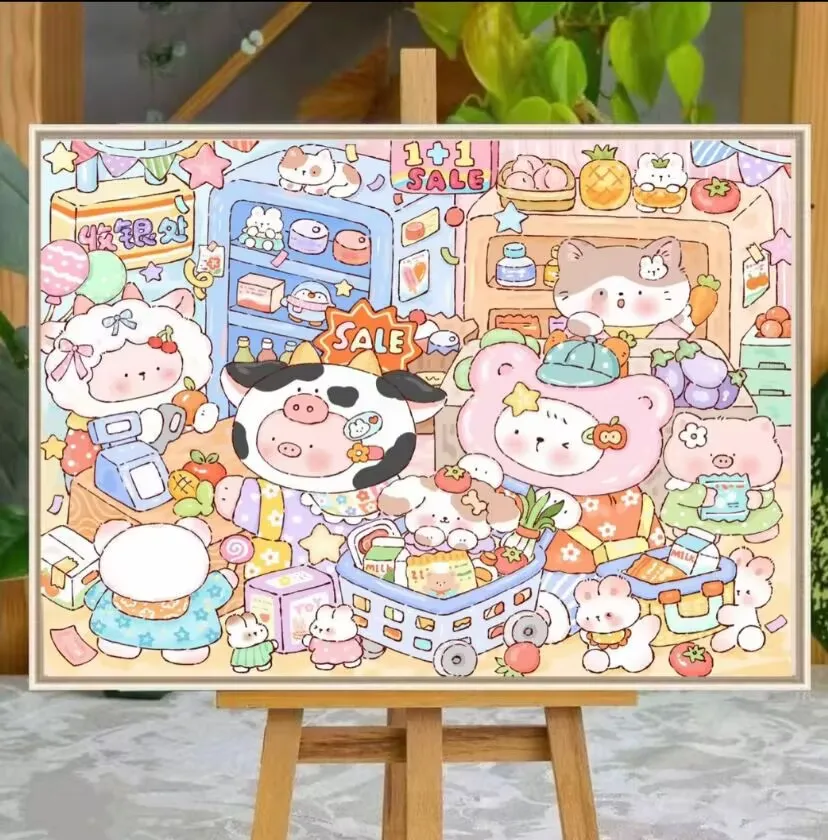 

9CT 100X75CM Магазин мультяшных рукоделий, вышивка крестиком своими руками для гостиной с принтом, набор для вышивания, полная хлопковая нить