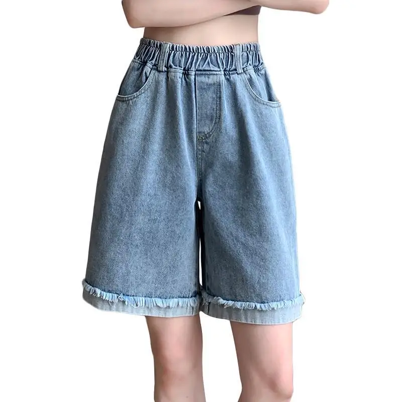 Women Elastic Waist Pockets Basic Solid Blue Denim Shorts Bandage Wide Casual Pants Cropped Jeans 2025 Trousers Ladies