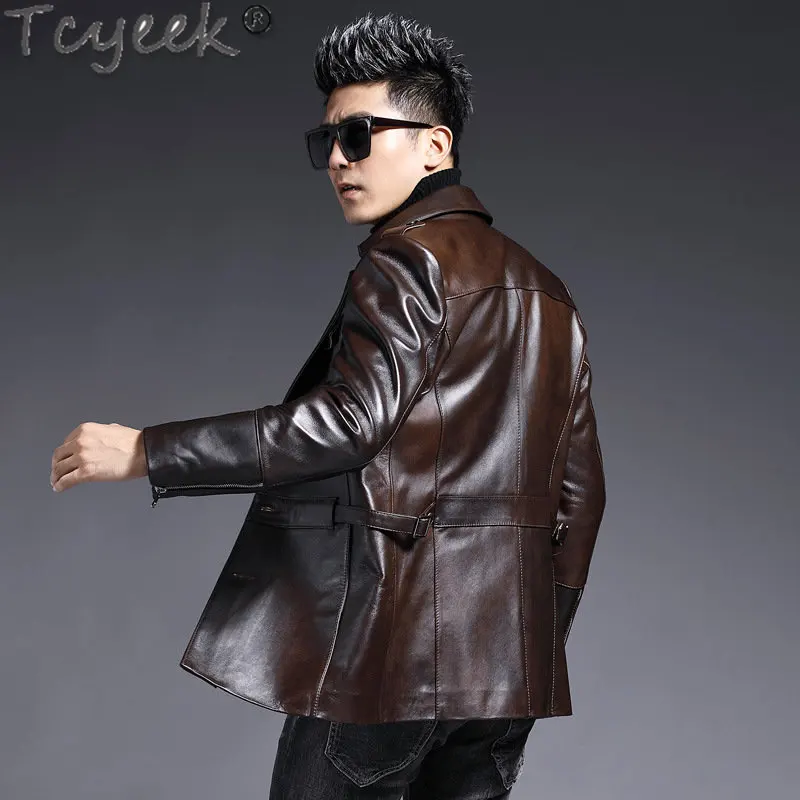 Tcyeek Fashion Mid-length Huinting Jacket Spring Fall Genuine Leather Man Jackets Casual Male Real Sheepskin Coat Men Clothing