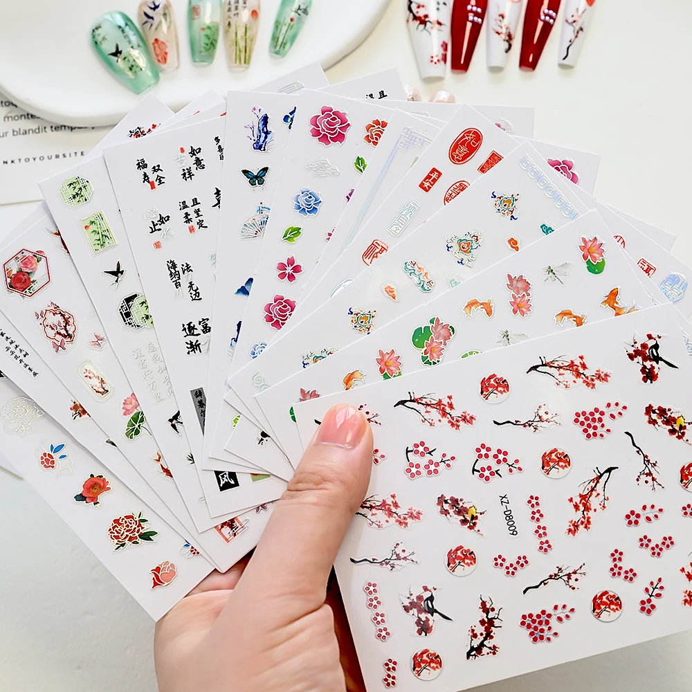12 pièces/lot Style chinois Lotus & pivoine Floral autocollant pour ongles or argent bronzant fleur curseurs décalcomanies auto-adhésif ongles autocollants