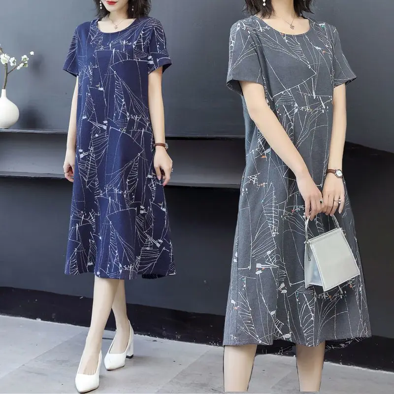 Fashion O-Neck Loose Printed All-match Midi Dress Women's Clothing 2024 Summer New Oversized Commuter Short Sleeve Dresses