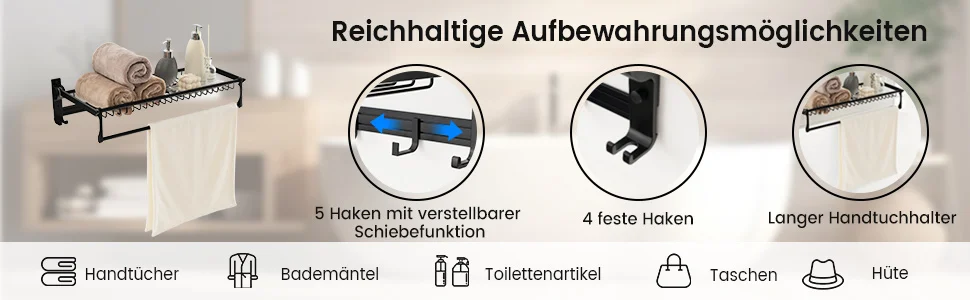 Towel Holder Folding Towel Rack Without Drilling Towel Bar Wall Mounted With 9 Movable Hooks & Shelf Wall Organizer