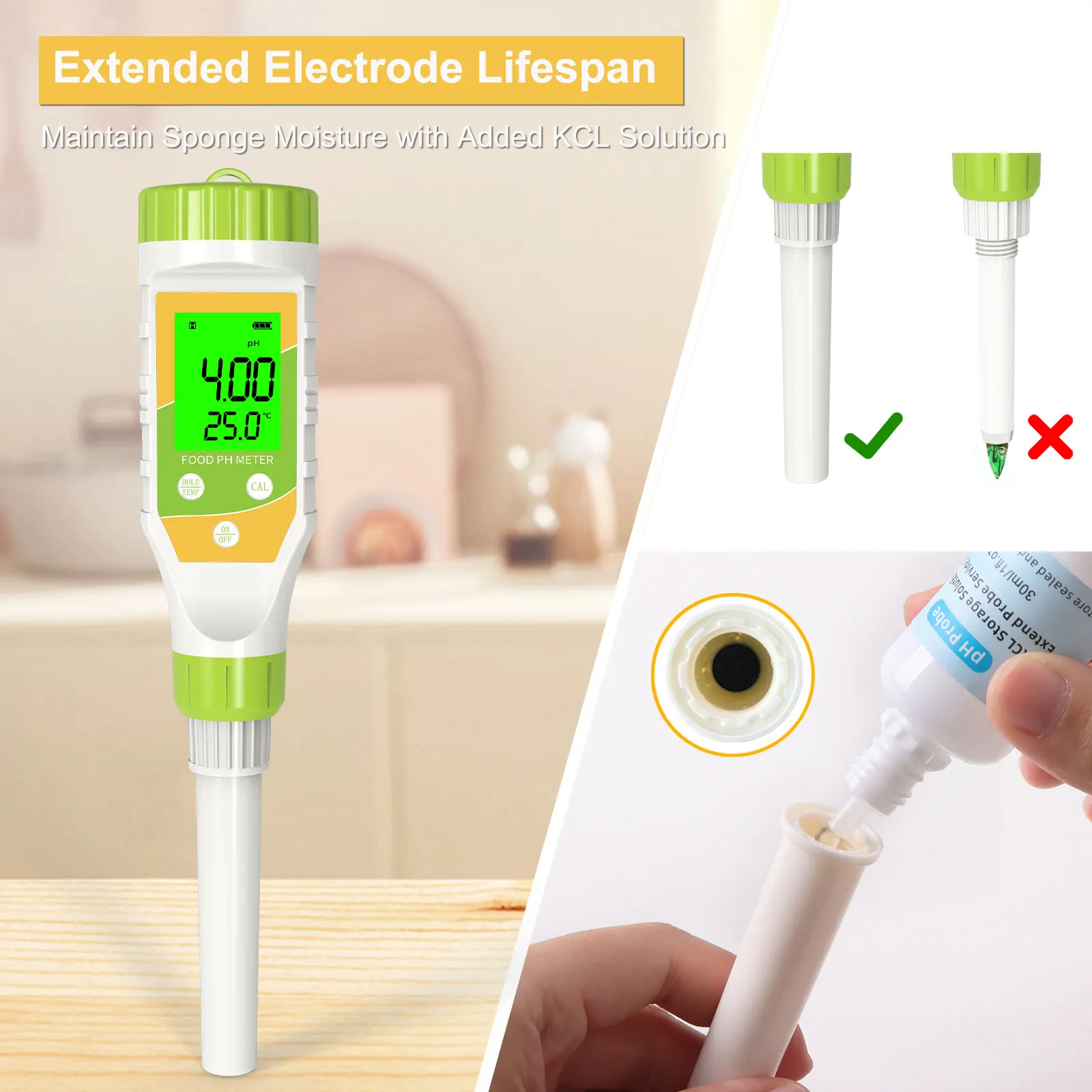 Medidor de PH de alimentos, Kit de Calibración Digital LCD ATC, probador de acidez de temperatura a prueba de agua para frutas, verduras, masa,