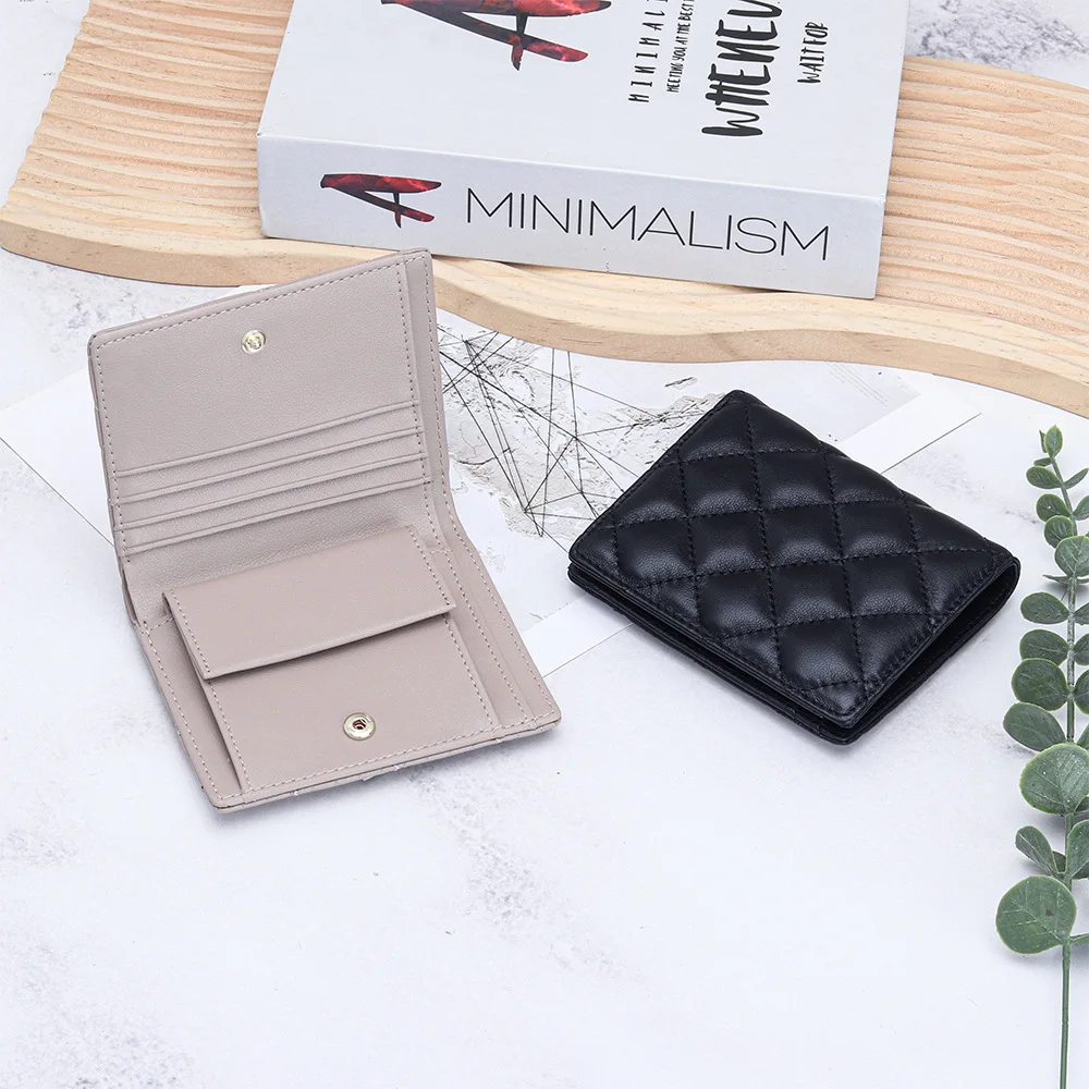 Sheepskin Short Wallet Women’s New Fashionable Rhombus Fold Wallet Leather Multifunctional Thin Bifold Wallet for Women
