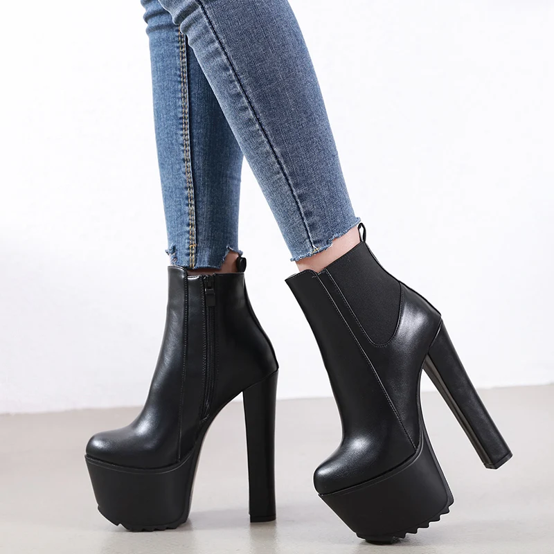 New Arrival 16CM High Heel Women\'s Short Boots Leather Spring Autumn Winter Women Ankle Boot Platform Thick Heels Women Shoes 40