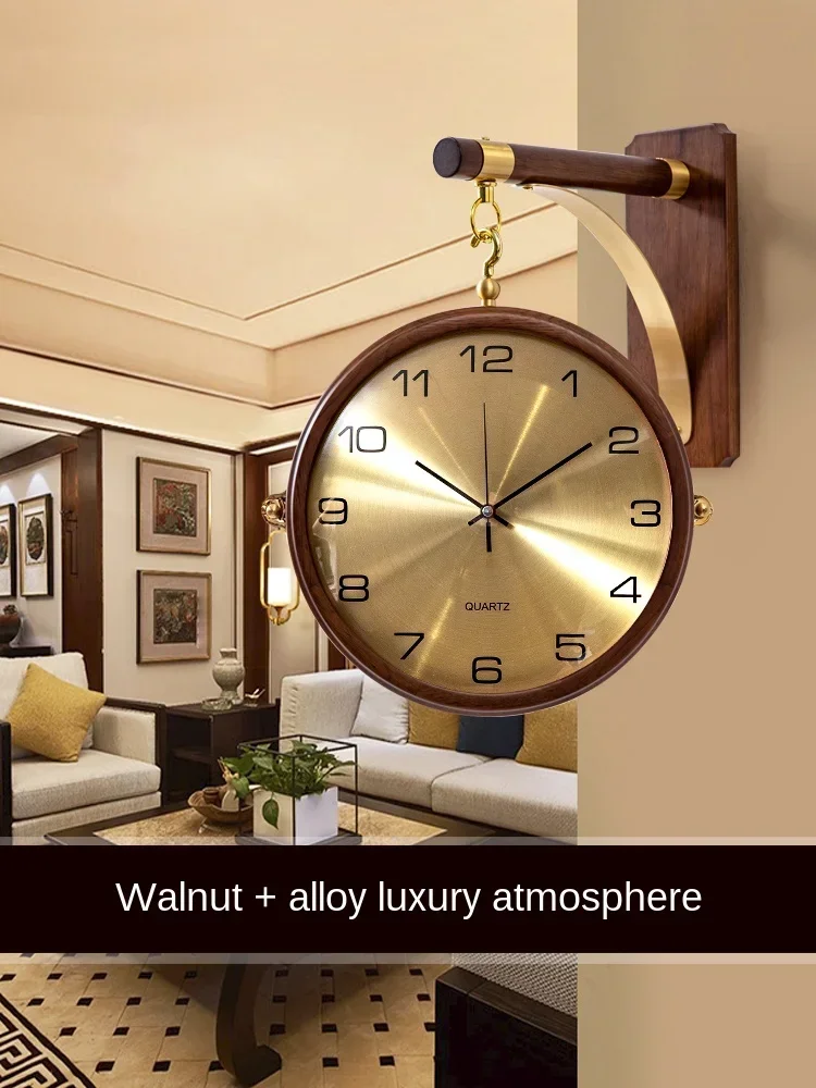 Luxury Double Sided Wall Clock Metal Silent Rotating Solid Wood Watch Modern Large Wall Clocks Home Decor Living Room Decoration