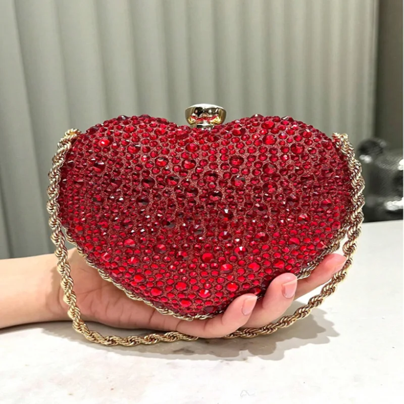 

2025 Luxury Diamond Inlay Heart Shape Crystal Clutch Purse Stones Wedding Party Evening Shoulder Bag Rhinestone Clutches Bags