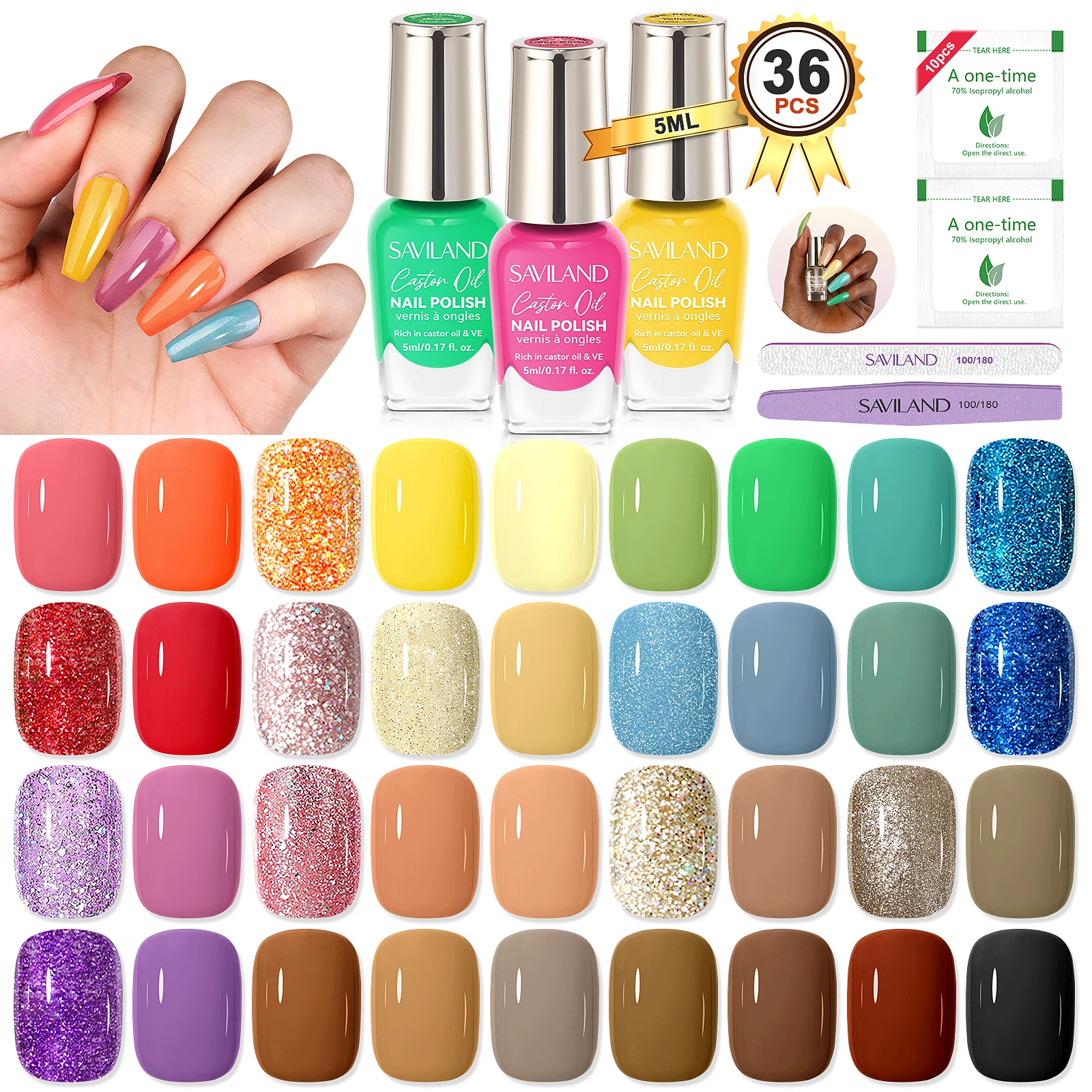 SAVILAND 36 Colors Nail Polish Set Quick Dry Brown Black Glitter Pastel Base Top Coat 39Pcs Home Salon DIY Long Lasting Beginner