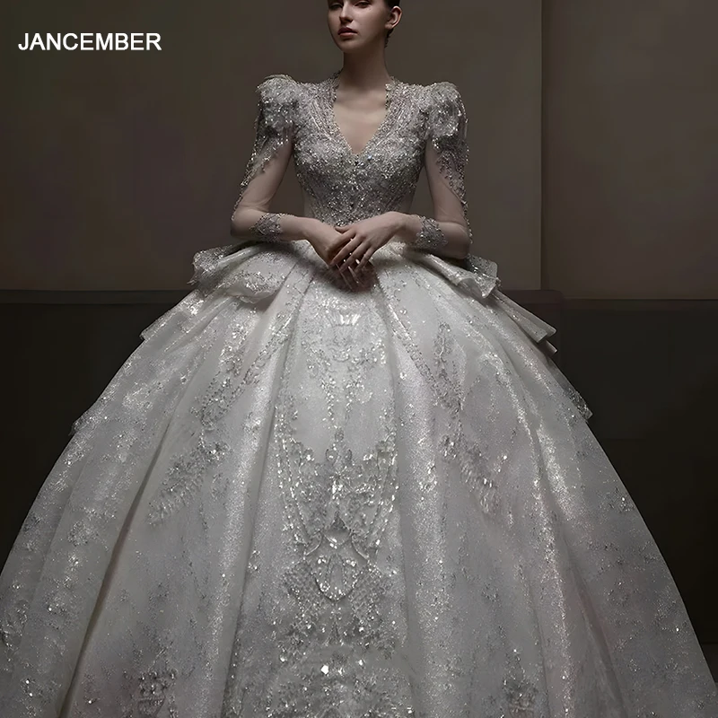 Jancember Romantic International Wedding Dresses Organza Ball Gown V-neck Full Sleeves Tiered Button robe de marie LSHT035