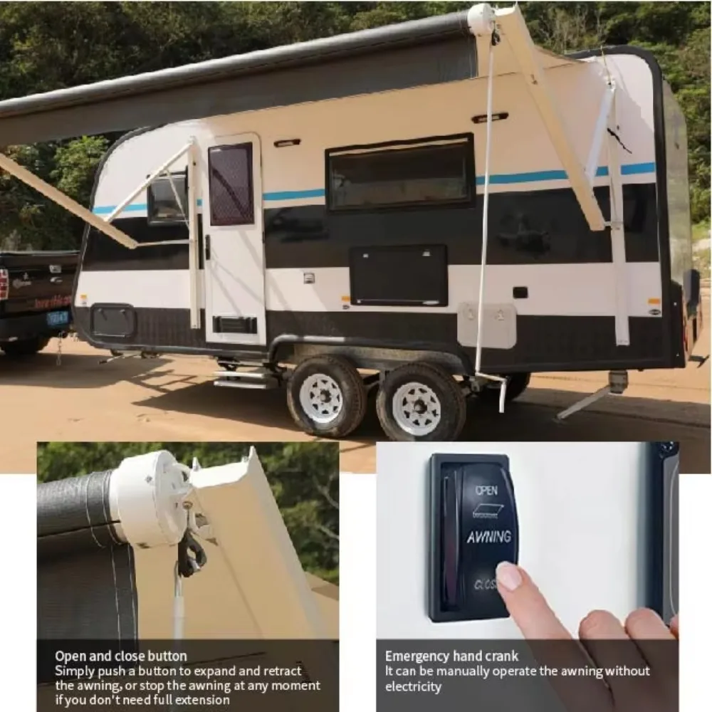 Retractable Aluminum Alloy Motorized RV Awning with 12V Motor Exterior Accessory for Bus 6M Black Roll Out Awning