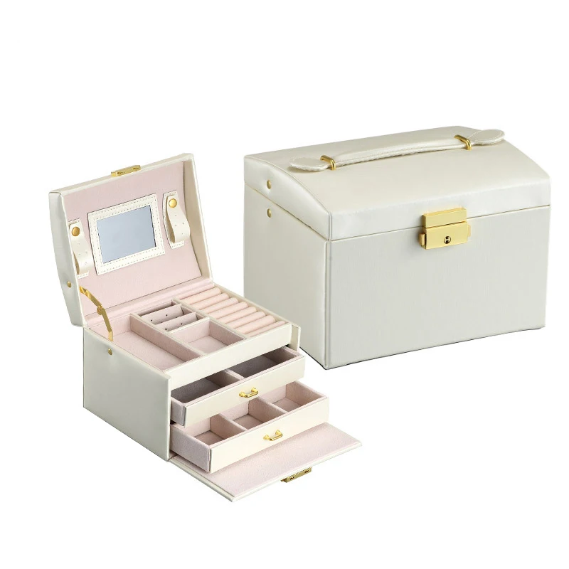 

PU 3 Layer Large Capacity Portable Jewelry Storage Box Rings Earrings Jewelry Box Handheld with Lock