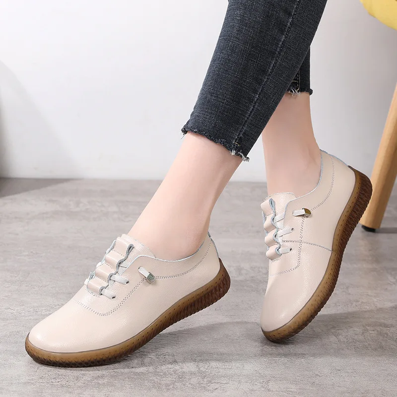 WOIZGIC Ladies Women\'s Female Mother Genuine Leather Vulcanized Shoes Flats Moccasin Loafers Non Slip Lace up Plus Size 41