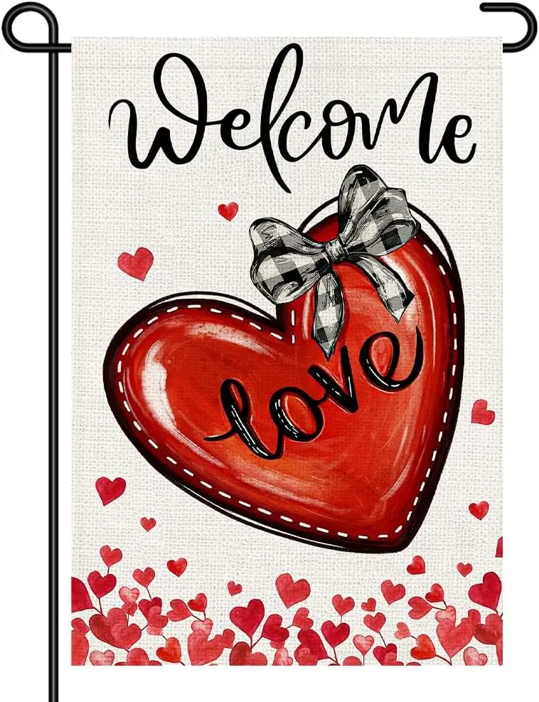 Welcome Love Garden Flag for Outside 12x18 Inch Double Sided Valentines Day Small Flags, Red Heart Yard Sign with Buffalo Pl PPM
