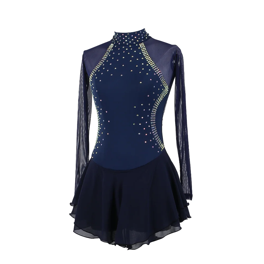 Zagitova Figure Skating Dress Women Girls Ice Skating Skirt Performance Competition Mesh Skirt Navy Blue