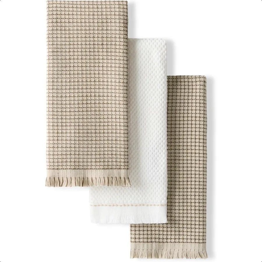 

Gourmet Series Gridlines Kitchen Towels 3Pack Set 100 Cotton Absorbent Milkshake Tan 18x28