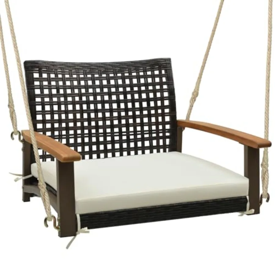 1-Person Rattan Porch Swing with Cushion, Outdoor Single Swing Chair Bench with Acacia Wood Armrests and Hanging Hemp Ropes, Of