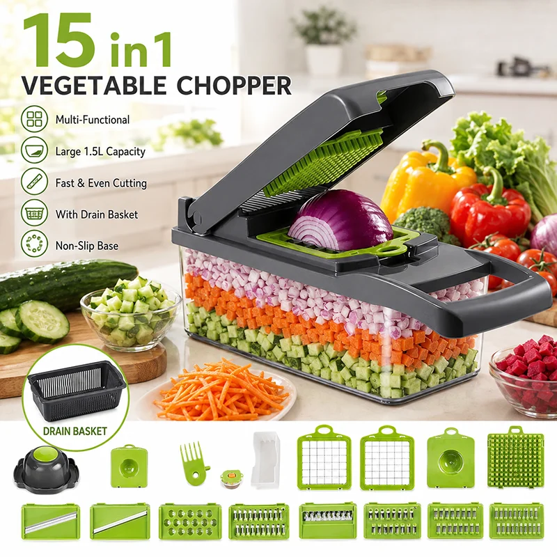 Tritatutto Multifunzionale per Verdure, Affettatrice, Grattugia per Formaggio - Cipolle, Insalata, Tritatutto per Verdure con Contenitore - Utensili e