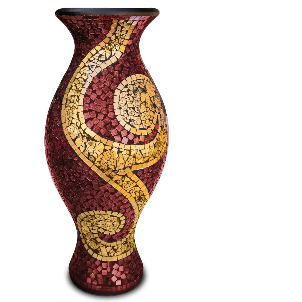 Floor Vase, 24 Inch Mosaic Vase – Tall Cylinder Made of Terracotta with Ruby Red and Gold Glass Mosaic Pieces.