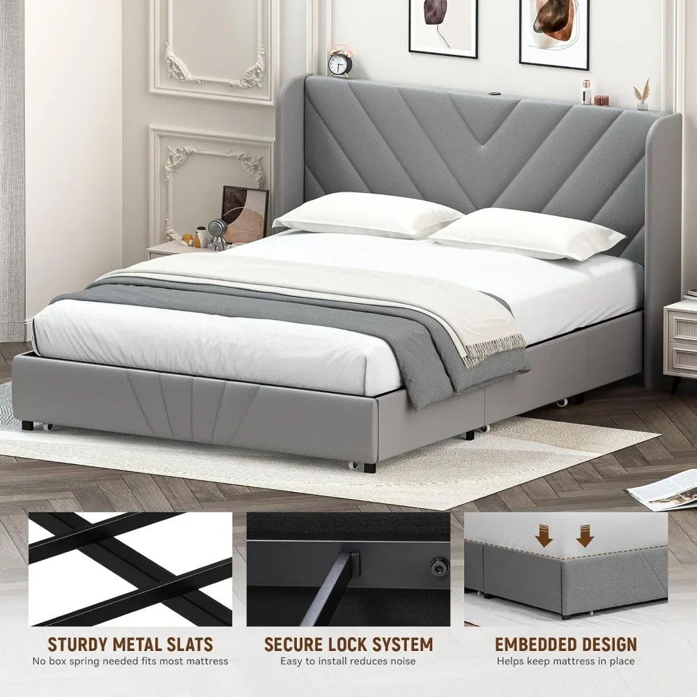 إطار سرير معدني بحجم كينج مع لوح رأسي منجد وأدراج تخزين ومنافذ USB ونوع C، لا حاجة إلى صندوق زنبركي #5