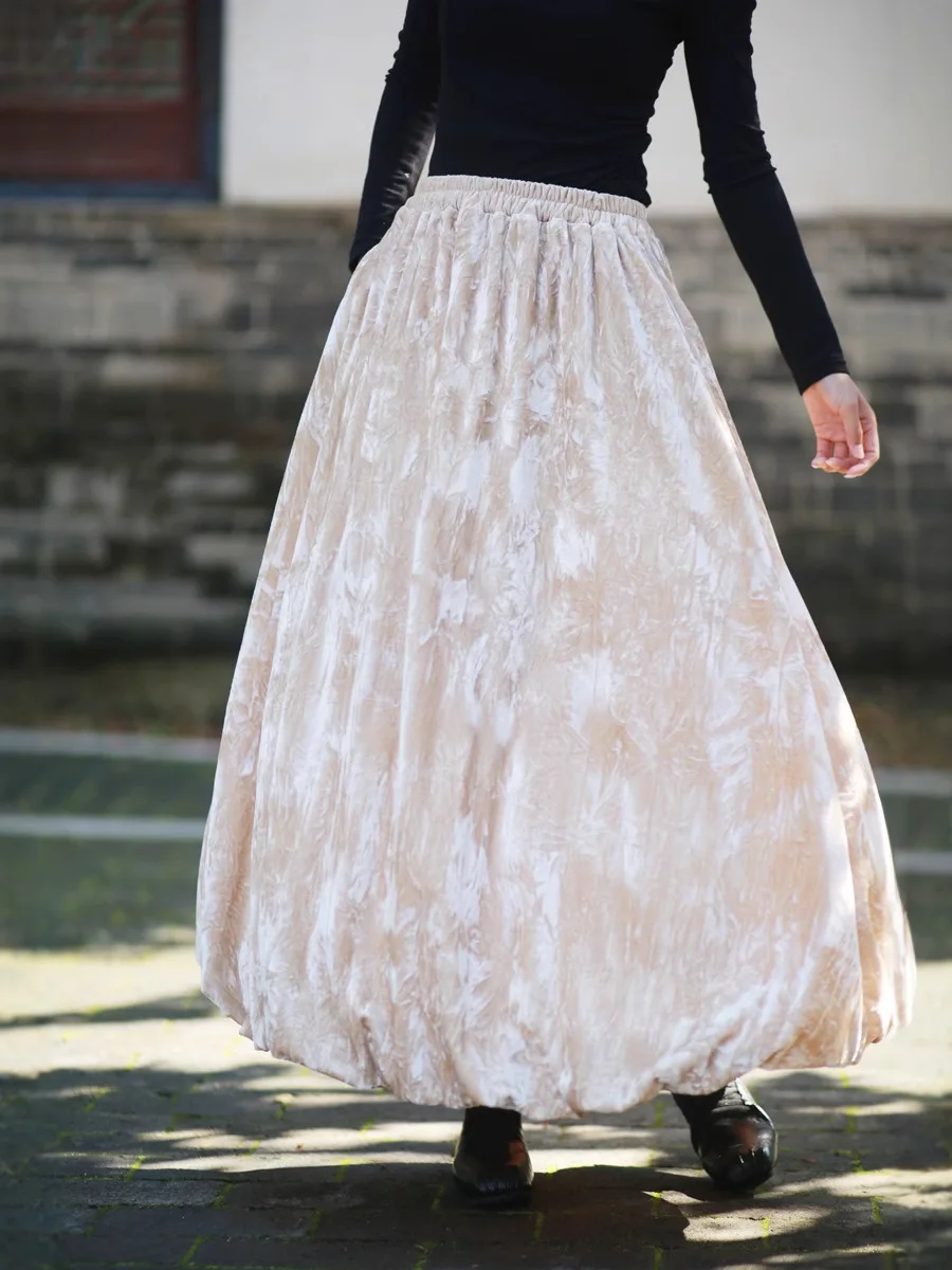 TIYIHAILEY-Damen-Rock aus Velours-Samt, lang, Maxi-A-Linie, elastische Taille, Winter, Schwarz, Grau, Khaki, chinesischer Stil, Batik-Tintenwäsche